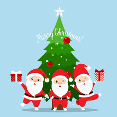 Santa Claus and Decorated Christmas tree. Merry Christmas and Happy New Year background. Vector illustration.