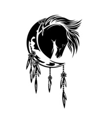 wild mustang horse head and crescent moon - tribal style feathered dream catcher black and white vector design
