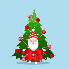 Santa Claus and Decorated Christmas tree. Merry Christmas and Happy New Year background. Vector illustration.