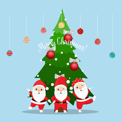 Santa Claus and Decorated Christmas tree. Merry Christmas and Happy New Year background. Vector illustration.
