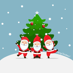 Santa Claus and Decorated Christmas tree. Merry Christmas and Happy New Year background. Vector illustration.