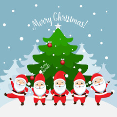 Santa Claus and Decorated Christmas tree. Merry Christmas and Happy New Year background. Vector illustration.