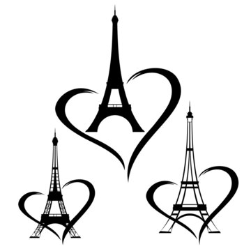 eiffel tower silhouette and heart shape outline - romantic Paris vector design set