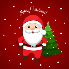 Santa Claus and Christmas tree. Merry Christmas and Happy New Year background. Vector illustration.