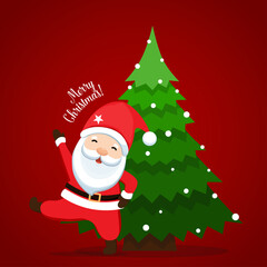 Santa Claus and Christmas tree. Merry Christmas and Happy New Year background. Vector illustration.