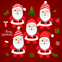 Santa Claus and Decorated Christmas tree. Merry Christmas and Happy New Year background. Vector illustration.