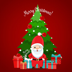 Santa Claus and Decorated Christmas tree. Merry Christmas and Happy New Year background. Vector illustration.