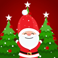 Santa Claus and Christmas tree. Merry Christmas and Happy New Year background. Vector illustration.