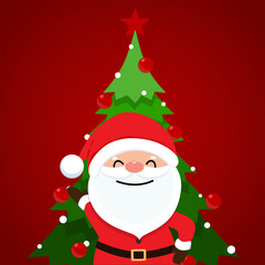 Santa Claus and Christmas tree. Merry Christmas and Happy New Year background. Vector illustration.