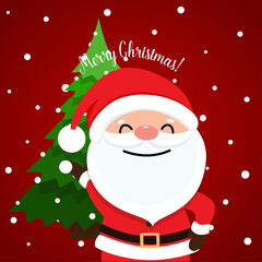 Santa Claus and Christmas tree. Merry Christmas and Happy New Year background. Vector illustration.