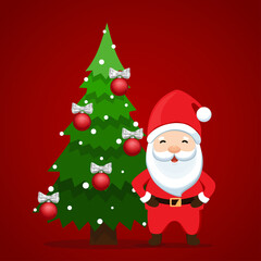 Santa Claus and Christmas tree. Merry Christmas and Happy New Year background. Vector illustration.