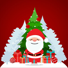 Santa Claus and Decorated Christmas tree. Merry Christmas and Happy New Year background. Vector illustration.