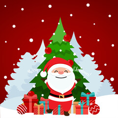 Santa Claus and Decorated Christmas tree. Merry Christmas and Happy New Year background. Vector illustration.