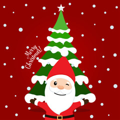 Santa Claus and Christmas tree. Merry Christmas and Happy New Year background. Vector illustration.