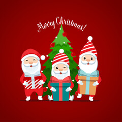 Fototapeta na wymiar Santa Claus and Decorated Christmas tree. Merry Christmas and Happy New Year background. Vector illustration.