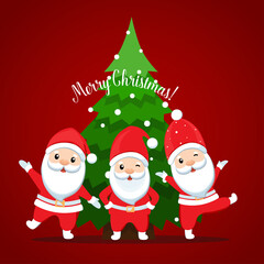 Santa Claus and Christmas tree. Merry Christmas and Happy New Year background. Vector illustration.