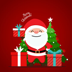 Santa Claus and Decorated Christmas tree. Merry Christmas and Happy New Year background. Vector illustration.