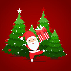 Fototapeta premium Santa Claus and Decorated Christmas tree. Merry Christmas and Happy New Year background. Vector illustration.