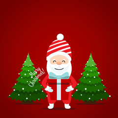 Santa Claus and Decorated Christmas tree. Merry Christmas and Happy New Year background. Vector illustration.