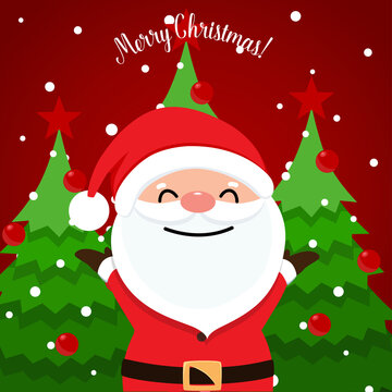 Santa Claus and Christmas tree. Merry Christmas and Happy New Year background. Vector illustration.