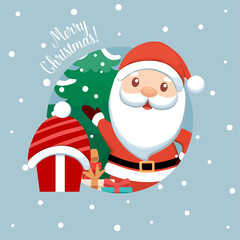 Santa Claus and Christmas tree. Holiday background. Merry Christmas and Happy New Year.