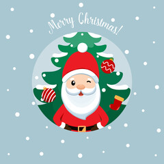Santa Claus and Christmas tree. Holiday background. Merry Christmas and Happy New Year.