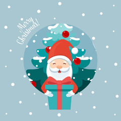 Santa Claus and Christmas tree. Holiday background. Merry Christmas and Happy New Year.