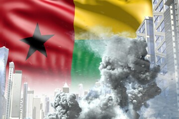 huge smoke pillar in abstract city - concept of industrial catastrophe or terroristic act on Guinea flag background, industrial 3D illustration