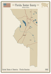 Map on an old playing card of Sumter county in Florida, USA.