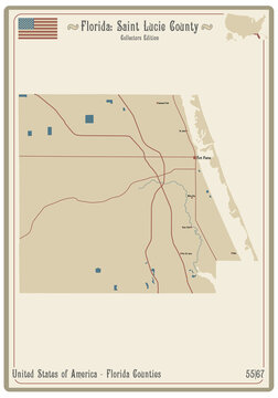 Map on an old playing card of Saint Lucie county in Florida, USA.
