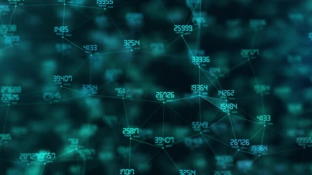 Internet connection network high digital technology. 3D render of abstract geometric background with connecting points and numbers. Concept of hi-tech and blockchain nodes or crypto cloud mining