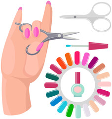 Various accessories and tools for manicure. Hand care products, manicure supplies. Equipment, scissors, nail clippers, polish and nail file. Manicurist supplies for working with nails and cuticles