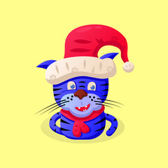 blue tiger in a hat of Santa Claus