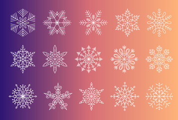 Set of snowflakes, isolated icons, different nice lines, geometric shapes. Winter decorative elements for Christmas or New year cards, banners, invitations, weather forecasts. Eps 10, editable stroke