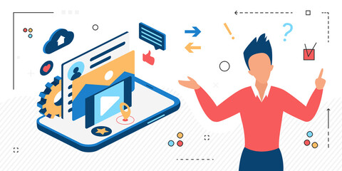 Isometric vector illustration of cartoon male social media manager pointing up while working on marketing campaign for social networks