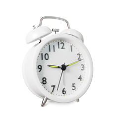 Closeup retro white alarm clock isolated on white background with clipping path, 3D rendering illustration