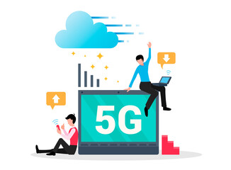 Tiny people upload and download information use 5g network wireless laptop and smartphone