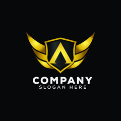 Luxury Letter A Gold Wing with Shield Logo template, Golden Wing Shield Luxury Initial Letter A logo