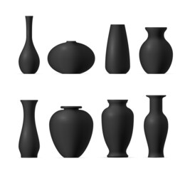 Realistic black ceramic vases set vector illustration. Modern and vintage clay pottery for interior
