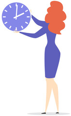 Woman with clock in her hands isolated on white background. Businesswoman hanging clock on wall. Idea of time management, planning schedule and deadline. Workflow of business manager concept