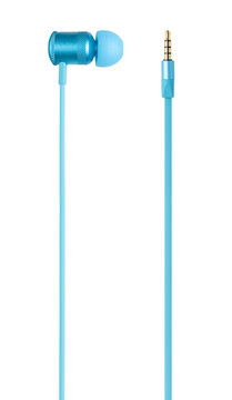 Side of bright blue earphone with connector p2 plug, isolated
