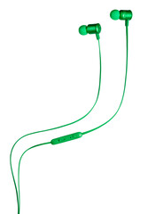 Side view of bright green earphones, isolated
