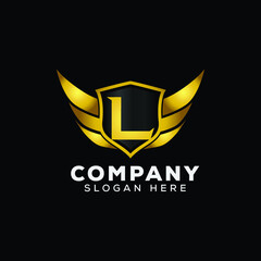Luxury Letter L Gold Wing with Shield Logo template, Golden Wing Shield Luxury Initial Letter L logo