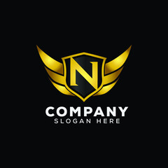 Luxury Letter N Gold Wing with Shield Logo template, Golden Wing Shield Luxury Initial Letter N logo
