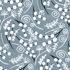 Seamless pattern with hand-drawn plant elements. White, black, blue winter grasses, flowers, branches and berries. For fabric or gift wrapping paper. In a simple doodle style.