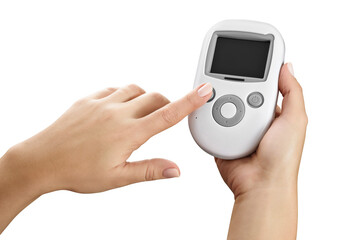 Female hand holding a simple baby monitor, while pressing a button, isolated
