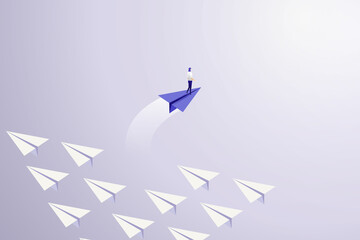 Businesswoman on a purple paper plane veered from a group of white planes.