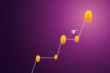 Businessman runs on a graph of growing profit from investments.