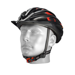 Modern black and red bike helmet on a male mannequin head, isolated
