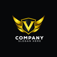 Luxury Letter V Gold Wing with Shield Logo template, Golden Wing Shield Luxury Initial Letter V logo